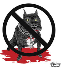 A political cartoon portraying a stereotypical pit bull. This image is copyright by John Fewings and may not be used without payment to the artist.